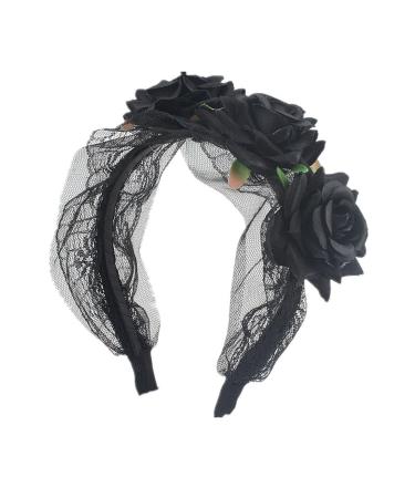 NAUZE Maid Gothic Headband Flower Crown Headband Rose Headdress for Halloween Wedding Day of the Dead(Black)