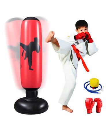 Inflatable Punching Bag for Kids, Freestanding Kids Boxing Bag with Stand, 63 inch Punching Bag with Air Pump and Boxing Gloves for Karate Kickboxing, Workout Equipment, Gift for Boys Girls Red