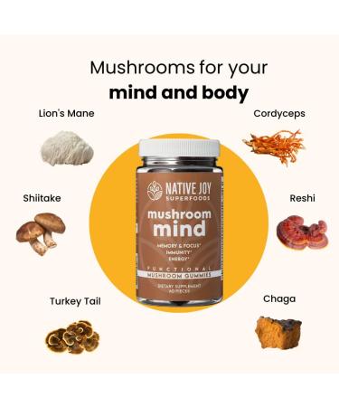 Native Joy Mushroom Mind Gummies - Immune System & Brain Boost - Lions Mane, Cordyceps, Reishi - Natural Energy & Focus - 60 Count - Buy Online on GoSupps.com