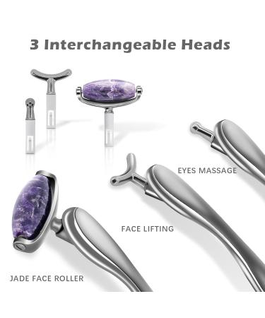 Jade Facial Roller - 3-in-1 Massager for Women | Reduce Puffiness & Wrinkles | Purple Crystal & Silver Black Handle - Buy Online on GoSupps.com