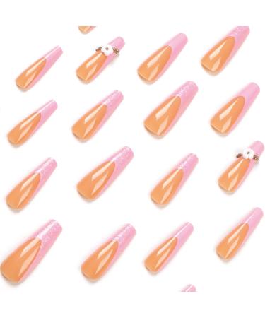 JUSTOTRY 24 Pcs Long Pink French Press on Nails with Flower Designs - Acrylic Coffin False Nails for Women - Nail Art FPO - Buy Online on GoSupps.com