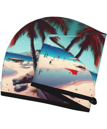 Beach Scenery Coral Velvet Dry Hair Cap | Ideal for Home Travel Pool Parties & Baths - Fast International Shipping - Buy Online on GoSupps.com
