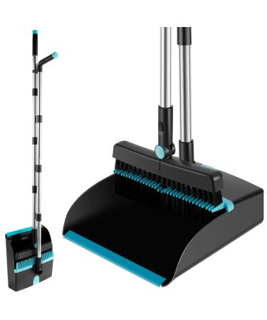 Broom and Dustpan Set with Long Handle Stainless 180 Rotating Sweeping Brush and Dustpan with Comb Teeth Cleaning Tools Black Blue