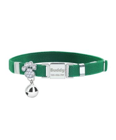 Personalized Elastic Cat Collar with Name and Phone Number Engraved Cat Collar with Bell -Dark Green