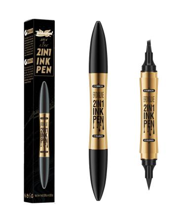Eyebrow Pencil 2 in 1 Dual-ended Liquid Eyebrow Pen Waterproof & Long Lasting Smooth Liquid Eyeliner Pen Four-tip Brow Pencil Black
