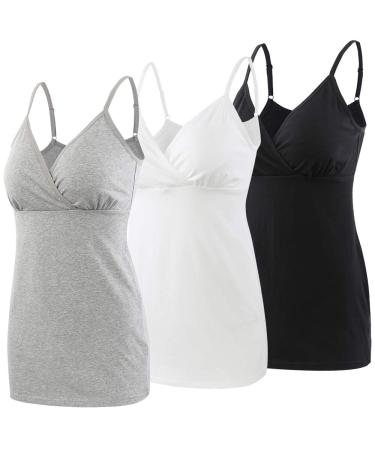 MANCI Nursing Top Tank Cami Women's Cotton Maternity Pajama Tops Sleep Bra for Breastfeeding S White+black+gray