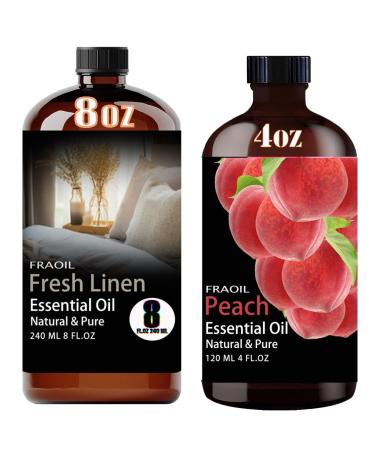 Fresh Linen Essential Oil 8 Fl Oz and Peach Essential Oil 4 Fl Oz for Diffuser Humidifier Yoga Cleaning DIY Candle Soap Making Perfume Gift for Essential Oils