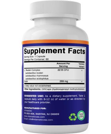 Vitamatic Lactobacillus Reuteri Complex 22 Billion CFU per Delayed Release Capsule 60 Capsules Digestive & Gut Health Support with Prebiotic Inulin Fiber 60 Count (Pack of 1) - Buy Online on GoSupps.com