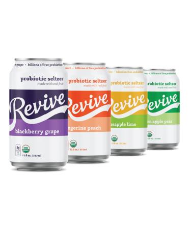 Revive Organic Sparkling Probiotic Seltzer New 12-Pack Mixer | Billions of Live Probiotics Low-Calorie 5g Organic Cane Sugar Vegan & Gluten Free | Supports Gut Health and Immune System New Mixer Pack