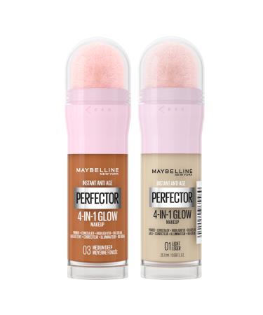 Maybelline New York – Routine Perfecteur de teint luminisateur 4-in-1 multi-usage : 1x shade 01 LIGHT & 1x shade 03 MEDIUM DEEP - Instant Perfector 4-in-1 Glow