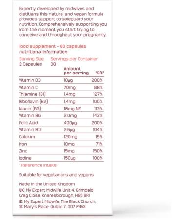My Expert Midwife Pre-Conception & Pregnancy Women's Vegan Supplements 12 Essential Prenatal Vitamins & Minerals Including 400 g Natural Folic Acid from Folate 10 g Vitamin D 120 Capsules Womens Supplement Duo - Buy Online on GoSupps.com