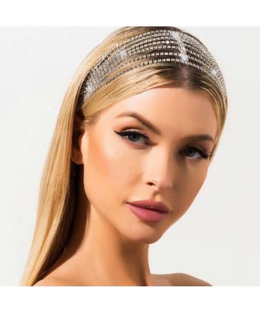 JEAIRTS Rhinestone Head Chain Forehead Bridal Headband Elastic Crystal Hair Band Halloween Prom Hair Jewelry for Women and Girls (1-Silver)
