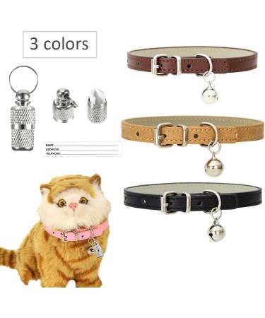 XFENTECH 3-Piece Cat Collar Set - Durable PU Neck Bands with Metal Buckle & Bell - Khaki Brown Black - Buy Online on GoSupps.com