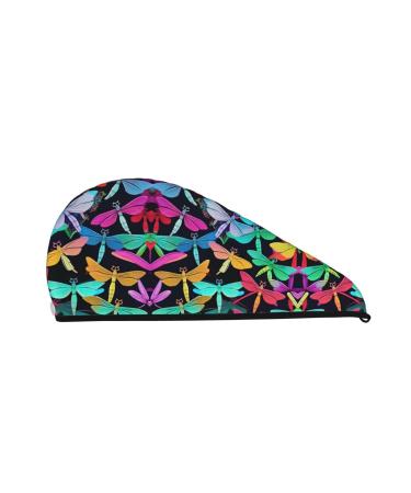 Cute Dragonflies Coral Velvet Dry Hair Cap Caps with Buttons for Drying Curly Long & Thick Hair Anti Frizz