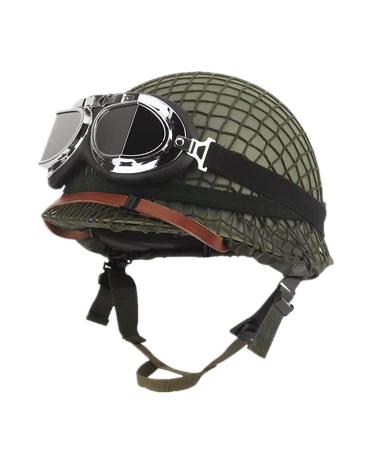 SYLPHID Outdoor Green WW2 US M1 Helmet with Goggles, Steel Field with Net Cover cat Eye Belt