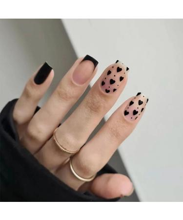 24pcs Short Square False Nails French Tip Stick on Nails Black Heart Press on Nails Removable Glue-on Nails Fake Nails Women Girls Nail Art Accessories 0252Y35