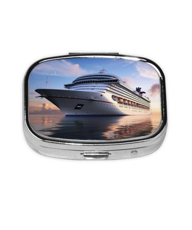 Cruise Ships Printing 2 Compartment Small Pill Case Cute Small Pill Box Purse Pill Boxs Travel Pill Organizer for Pocket Purse and Travel Gifts