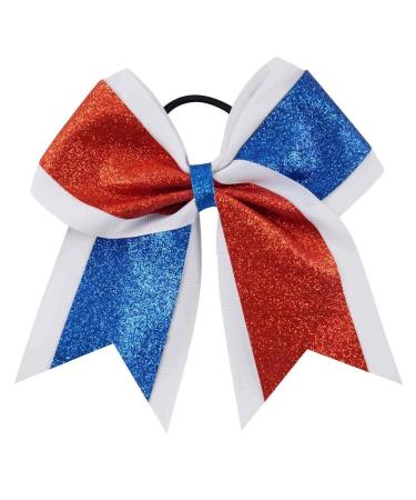New "GLITTER DUO Red & Blue" Cheer Bow Pony Tail 7 Inch Girls Hair Bows Cheerleading Dance Practice Football Games Competition Birthday Grosgrain Ribbon