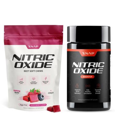 Snap Supplements Nitric Oxide Beet Root Soft Chews + Nitric Oxide Booster Bundle 60 Sugar-Free Soft Chews + 90 Vegetarian Capsules