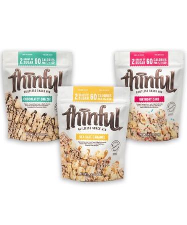 Thinful Variety Pack Gourmet Popcorn, Caramel Corn, and Pretzel Snack Mix, a Sweet and Salty, Low Calorie, Low Sugar Treat, (3) 4.5 oz bags, Birthday Cake, Sea Salt Caramel, and Chocolately Drizzle