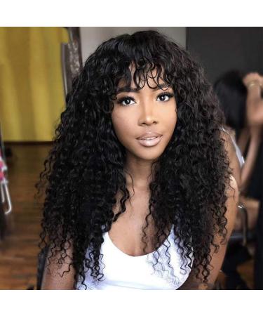 Water Wave Human Hair Wigs with Bangs for Black Women Machine Made None Lace Front Wigs Brazilian Unprocessed Virgin Hair Wigs 22 inch 150% Density 22 Inch (Pack of 1) None lace-water wave wig