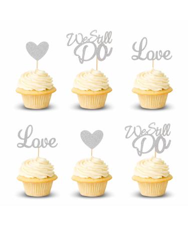 Arthsdite 24Pcs We Still Do Cupcake Toppers Glitter Love Heart Marriage Anniversary Cupcake Picks Bridal Shower Wedding Engagement Birthday Cake Decorations Supplies - Silver Glitter Silver Cupcake Toppers