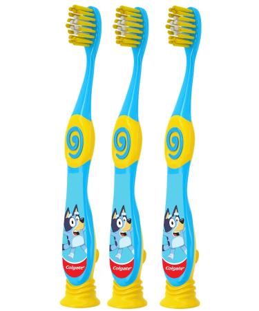 Colgate Bluey Toothbrush for Children with Suction Cup Kids 2-5 Years Old Extra Soft (Colors & Characters Very) - Pack of 3
