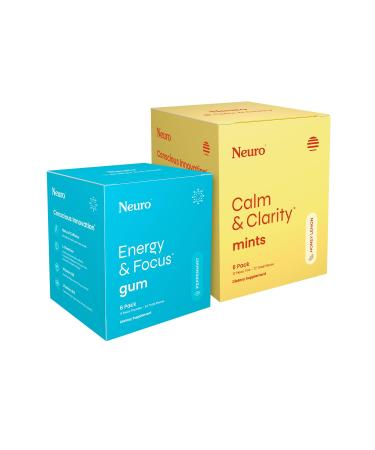 Neuro Day & Night Support Set Energy & Focus Gum (54ct Peppermint) + Calm & Clarity Mints (72ct Honey Lemon) Natural Caffeine GABA L-Theanine B12 + B6 Sugar-Free Nootropic Supplement Bun