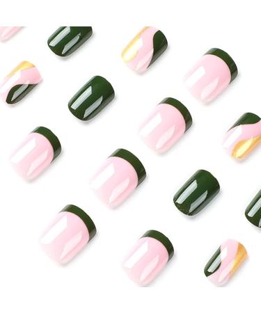 24Pcs Short Green Square False Nails - Elegant French Press on Nails with Glue Sticker - Acrylic Full Cover Stick on Nails for Women and Girls - DIY Nail Art Decoration - Buy Online on GoSupps.com