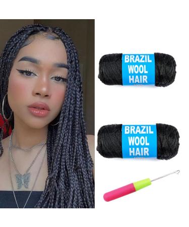 Natural Black Brazilian Wool Hair Acrylic Yarn for African Crochet Braids Senegalese Twist Faux LocsSenegalese Twist Jumbo Braiding Box Braids Twist Wraps Synthetic Fiber Hair Extensions (2 Roll) 2 Black