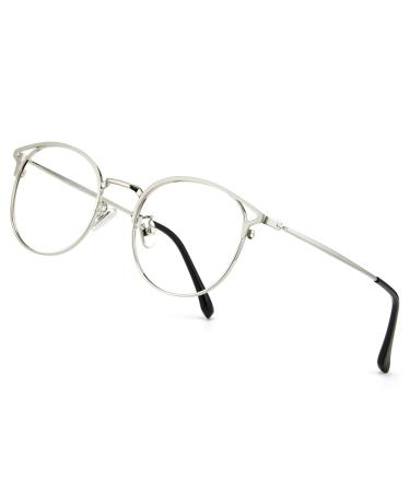 Cyxus blue light filter glasses women with cat eye round fashion vintage glasses without strength anti-harmful blue light UV400 from cell phone computer 03-silver metal