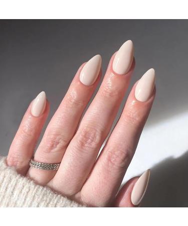 Medium Almond Press on Nails Solid Color Fake Nails tender White Glazed Acrylic Nails Shiny Glossy Gel False Nails Kits Salon Quality Stick Glue on Nails for Women Girls 24 Pcs Creamy-white
