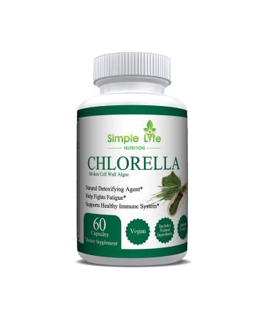 Simple Life Nutrition Organic Chlorella Capsules Cracked Cell Wall Powder - Blood Pressure Immunity & Cholesterol Supplements - Non-GMO, Vegan, Premium Chlorophyll, Iron & Protein with Minerals - 60CT