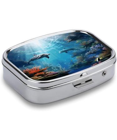 Blue Ocean Underwater Fish Print Pill Box | 2 Compartment Decorative Metal Pill Organizer for Travel & Purse - Buy Online on GoSupps.com
