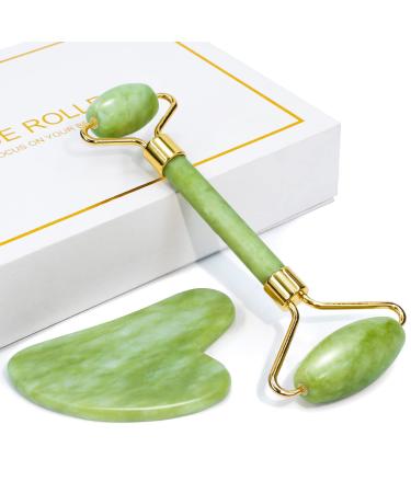 huefull Jade Roller for Face and Gua Sha Facial Tools to Reduce Puffiness and Improve Wrinkles, Face Roller Skin Care of Jade Roller and Gua Sha Set Designed Green