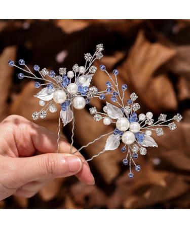 Yikisdy Brides Blue Wedding Hair Pins Pearl Bridal Hair Pieces Silver Crystal Head Clip Leaf Bride Hair Accessories for Women and Girls(Pack of 2)