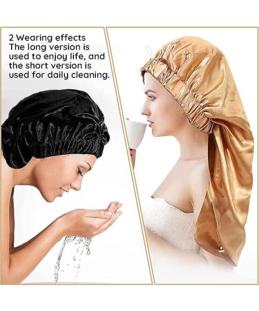 Extra Long Satin Bonnet for Women - 2 Pcs Braid & Curly Hair Bonnets - Soft Silk - Black/Golden - Buy Online on GoSupps.com