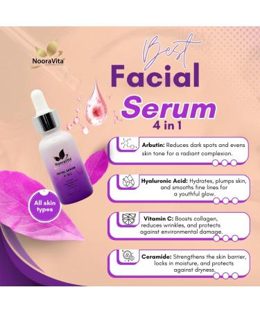 Facial Serum 4 in 1 (30ml) Arbutin Hyaluronic Acid Vitamin C Ceramide. Vegan and Halal Friendly by NooraVita. - Buy Online on GoSupps.com