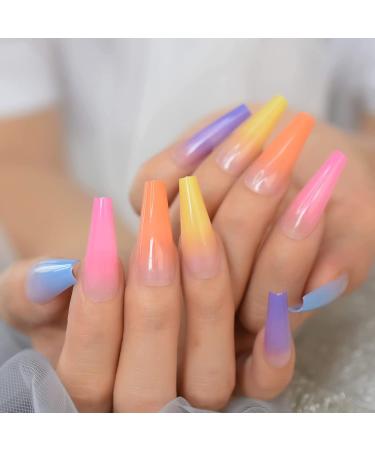 Colorful Ombre Rainbow French Coffin False Nails - Long-lasting, Reusable, Summer Shades | L5880 - Buy Online on GoSupps.com