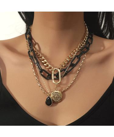 Rumtock Black Acrylic Chunky Chain Necklace Coin Pendant Gold Necklace for Women Girls Statement Punk Jewelry