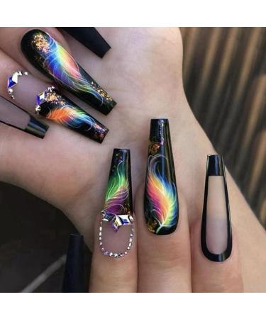 qazaa 24 Pcs Colorful Feathers False Nails Long Coffin Nail Tip Detachable Press on Nails DIY Manicure Glitter Nails - Buy Online on GoSupps.com