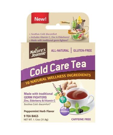 Nature's Jeannie Cold Care Tea - Peppermint Herb Flavor - 9 Tea Bags - Soothes Cold Discomfort with Zinc Vitamin C Elderberry & Traditional Germ Fighters