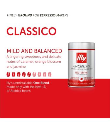 illy Ground Coffee Espresso - 100% Arabica Coffee Ground Classico Medium Roast - Notes of Caramel Orange Blossom & Jasmine - Rich Aromatic Profile - Precise Roast - No Preservatives 250 g (Pack of 1) Classico Medium Roast 250 g (Pack of 1) - Buy Online on GoSupps.com