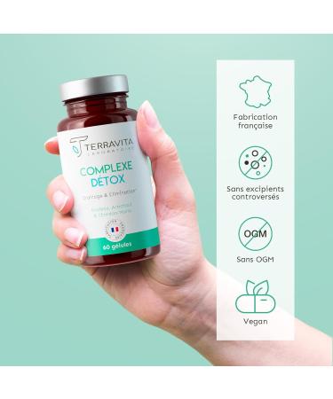 COMPLEXE DETOX | Chardon-Marie + Desmodium + Artichaut + Bouleau | Detox Foie & Colon | limination Rapide et Naturelle des Toxines | Booster d Energie | 60 G lules Vegan | Made in France | Terravita - Buy Online on GoSupps.com