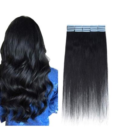 SEGO Tape in Extensions Real Hair 20 Wefts 50g Hair Extension Adhesive Hairpiece Remy Hair (+10pcs free Tapes) 20"(50cm) Black#1