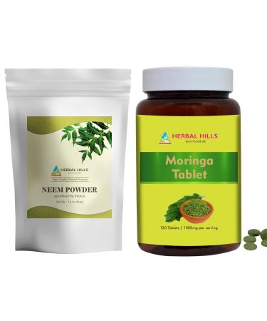 HERBAL HILLS Neem Leaf Powder and Moringa Tablets Shigru Pack of 2 Combo