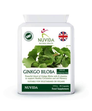 High Strength Ginkgo Biloba - 90 Ginkgo Capsules with Added B Vitamins - 2000mg Equivalent per Capsule - Easy to Swallow Capsules - Vegan and Vegetarian Friendly
