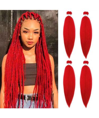 SOKU Red Braiding Hair Pre Stretched 24 Long Red Braiding Hair 4 Packs Synthetic Fiber Crochet Twist Braids Soft Yaki Straight Texture Red(4 Packs)