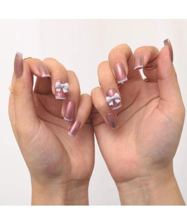 Bohend Fashion Square False Nails - Pink Bowknot Glitter Press-On Nails for Women & Girls | 24 Pcs Party Nails - Buy Online on GoSupps.com