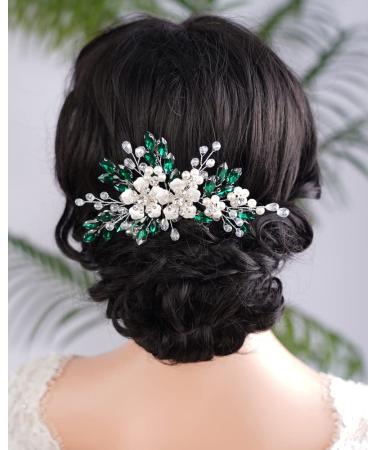 Kercisbeauty Emerald Crystal Hair Comb for Women Vintage Wedding Bridal Hair Accessories Silver Flower Hair Jewelry (Green)